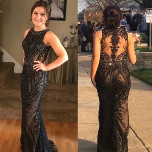 Black and Nude Beaded Ellie Wilde Prom Dress